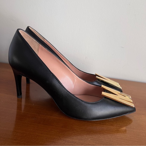 Moschino M Logo Plaque Appliqué Leather Heels - Picture 2 of 9